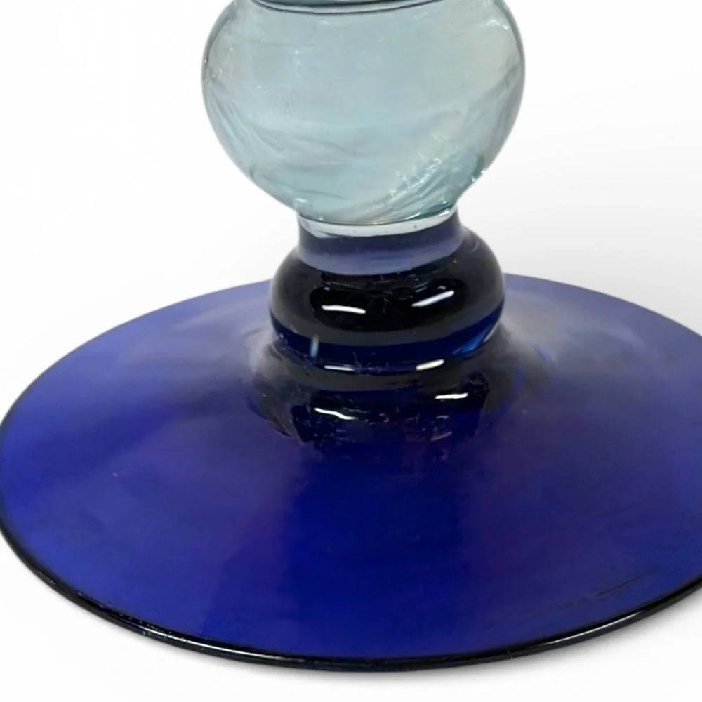 Vintage Cobalt Blue Rim Glass Goblets Set of 2 Hand Blown Glass Elegant Barware